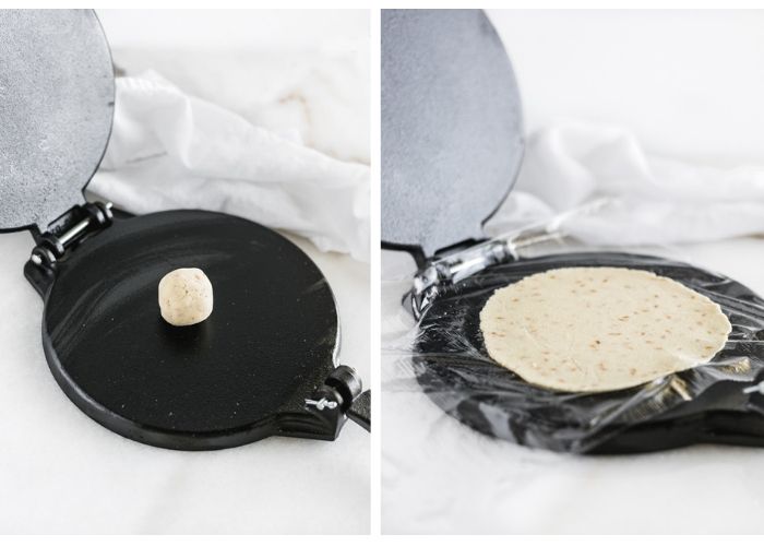 two photos of a tortilla press side by side. One with a ball of tortilla dough, the other after the dough has been pressed flat