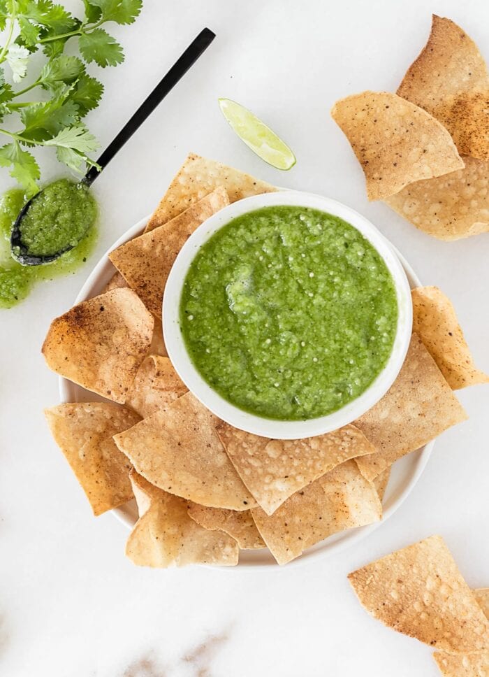 Hatch chile salsa verde with chips.