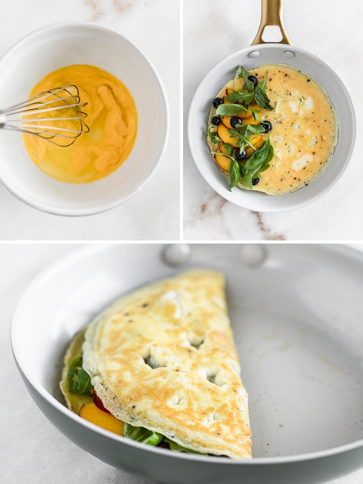 A Peach, Blueberry and Arugula Omelet is an easy, healthy omelet made with summer fruit and spicy arugula for a healthy meal any time of day! (gluten-free, vegetarian) | via livelytable.com