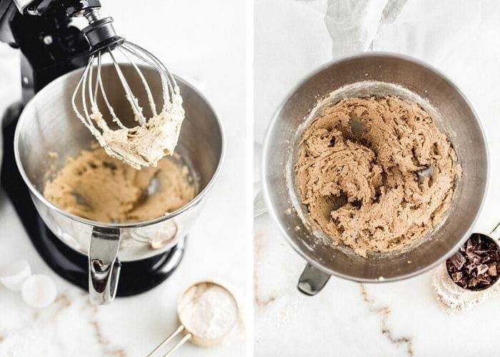 two side by side images - the first of a stand mixer and whisk with creamed butter and sugar, the other with chocolate chunk blondie cookie dough in a stainless steel bowl.
