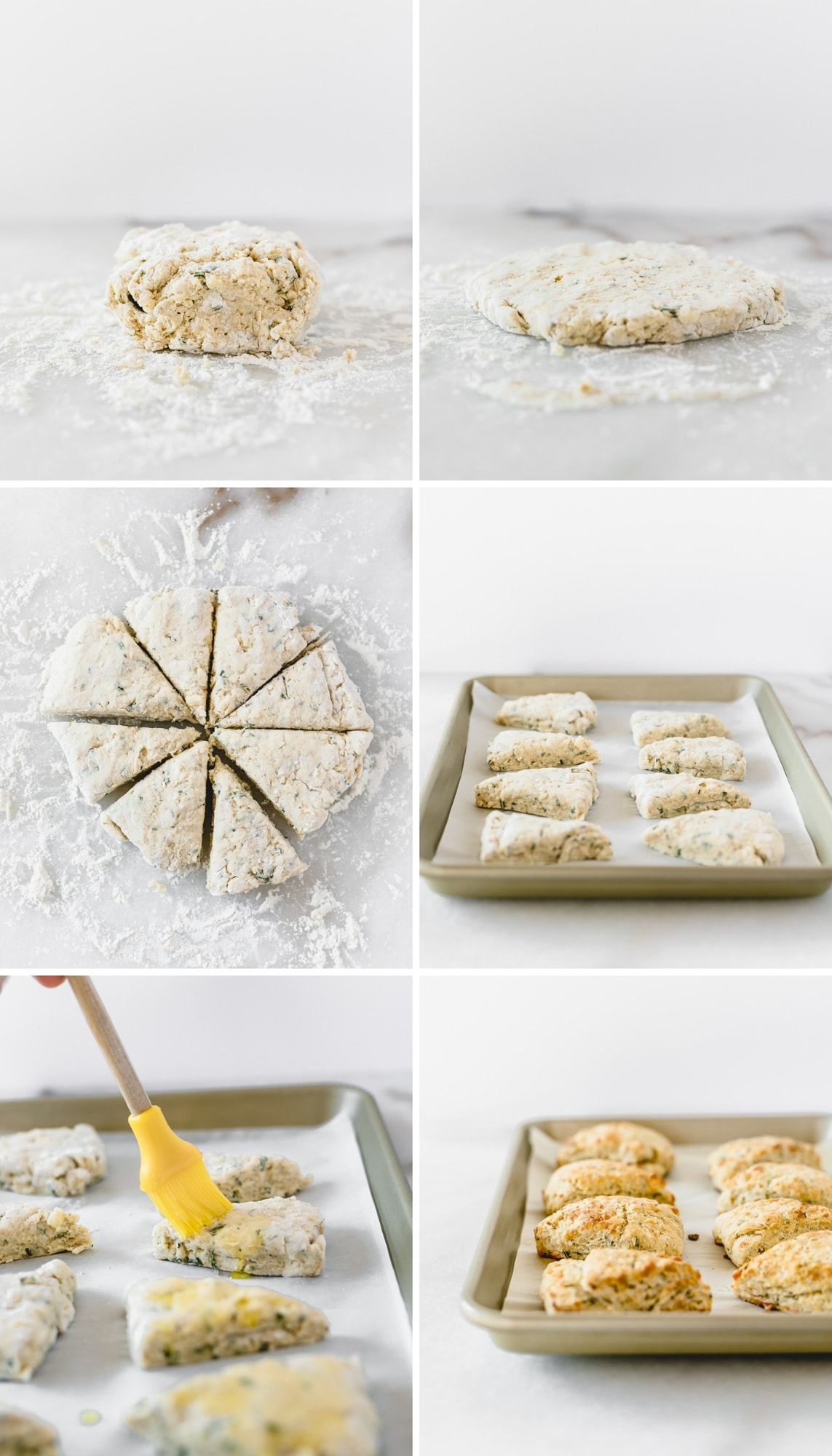 six image collage showing steps for shaping and baking rosemary parmesan scones.