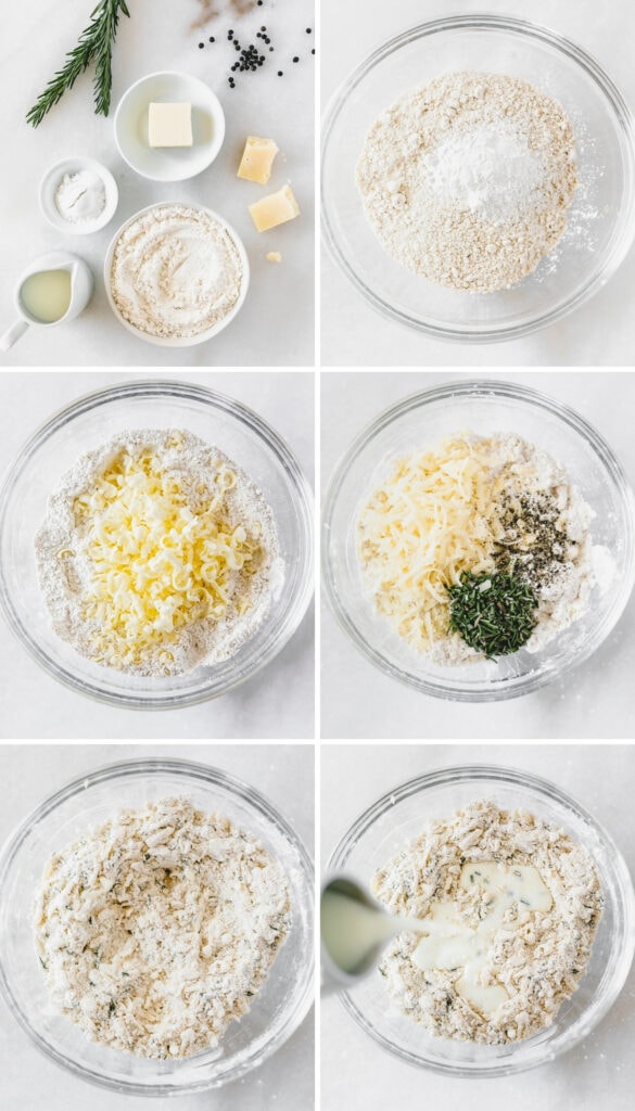 six image collage showing steps for making rosemary parmesan scone dough.