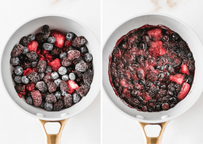 Side by side images of frozen mixed berries in a pot and the cooked berry compote in a pot.