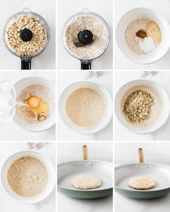 nine image collage showing steps for making healthy quinoa pancakes.