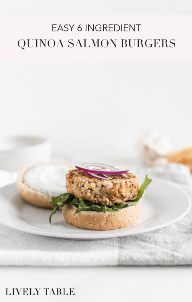 Easy and healthy 6-ingredient quinoa salmon burgers made with canned salmon and topped with a yogurt dill sauce are a simple, nutritious change-up for dinner! (#glutenfree, #nutfree) #salmon #quinoa #healthy #recipes #burgers #easy #seafood