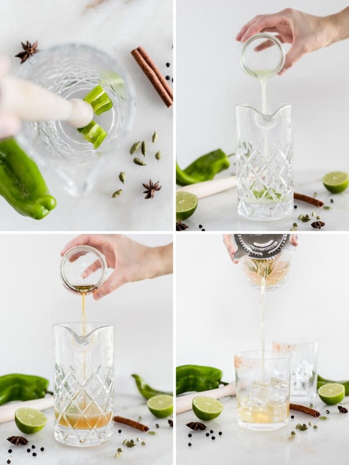 four image collage showing steps to making hatch chile margaritas.