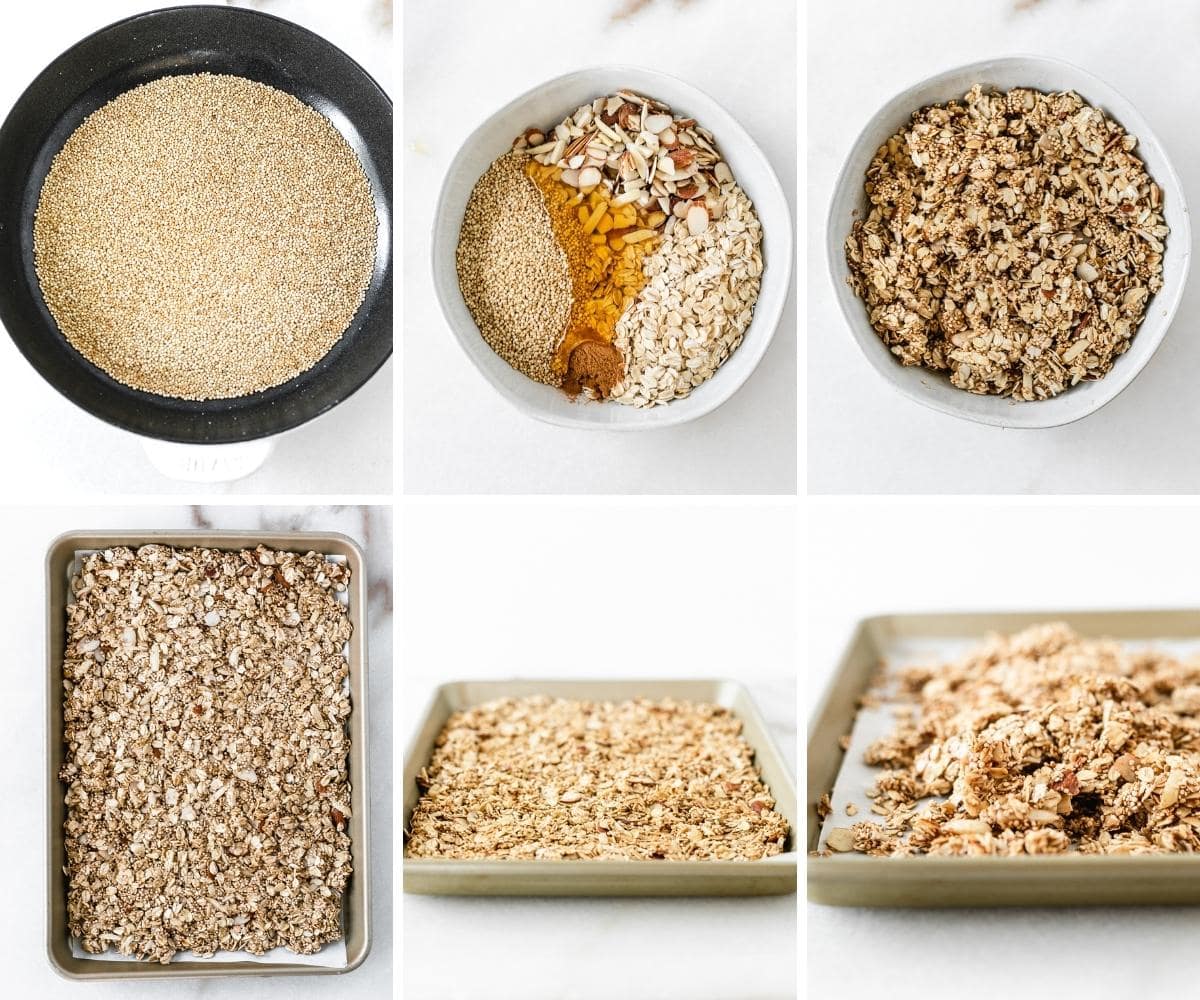 6 image collage showing steps for making honey almond quinoa granola.