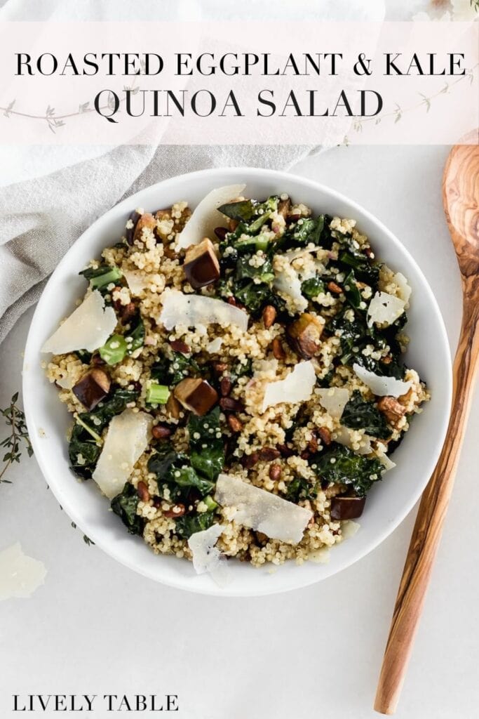 pinterest image with text for roasted eggplant kale quinoa salad.