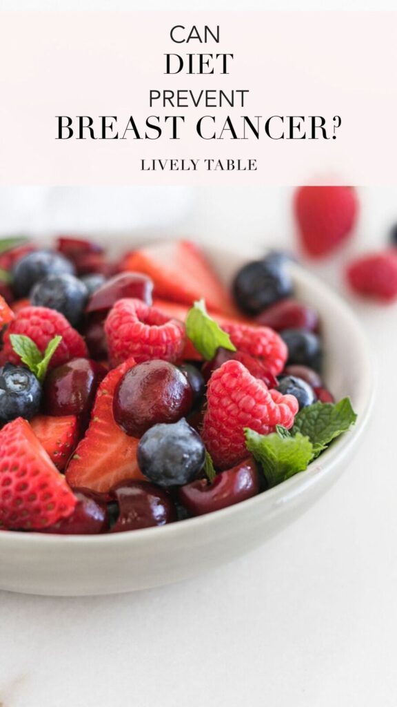 pinterest image with berries and text saying 'can diet prevent breast cancer?'.