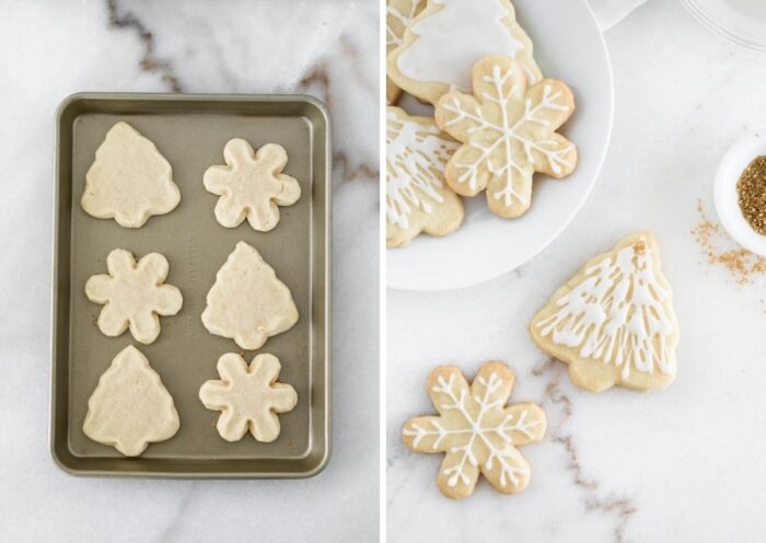 side by side images of sugar cookies on a baking sheet and sugar cookies with icing on a marble background.