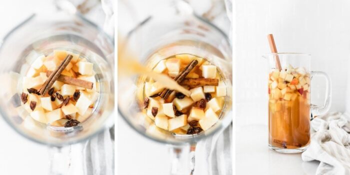 three image collage showing steps for making apple cider sangria in a pitcher.