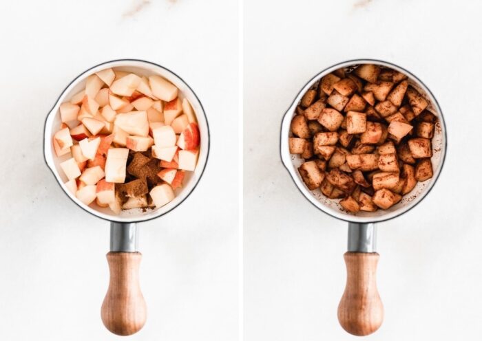 side by side images of chopped apples in a pot before cooking and after cooking.