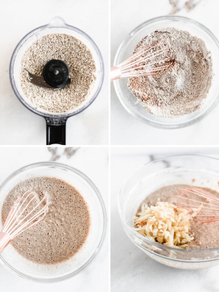 four image collage showing steps to mixing apple cinnamon oat pancake batter.