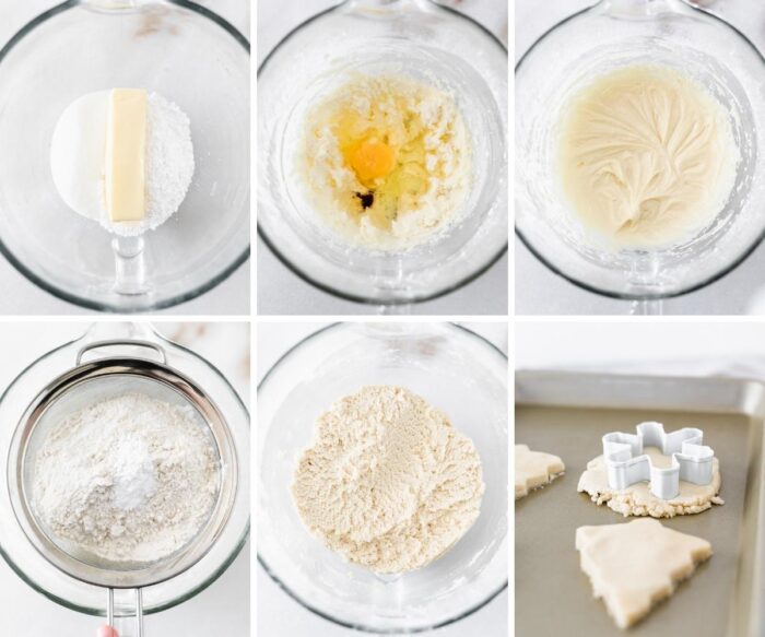 6 image collage showing steps for making sugar cookies.
