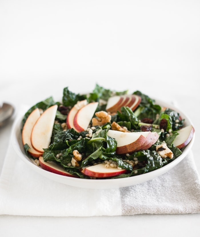 fall kale salad with sorghum, apples and pears