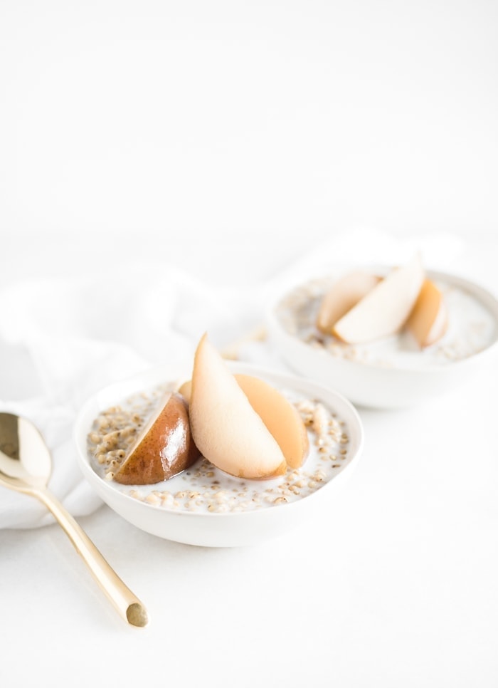 Maple Poached Pears and Sorghum Porridge