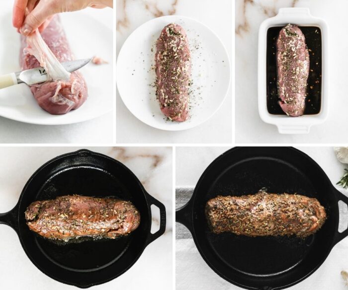 5 image collage showing steps for making rosemary and garlic crusted pork tenderloin.