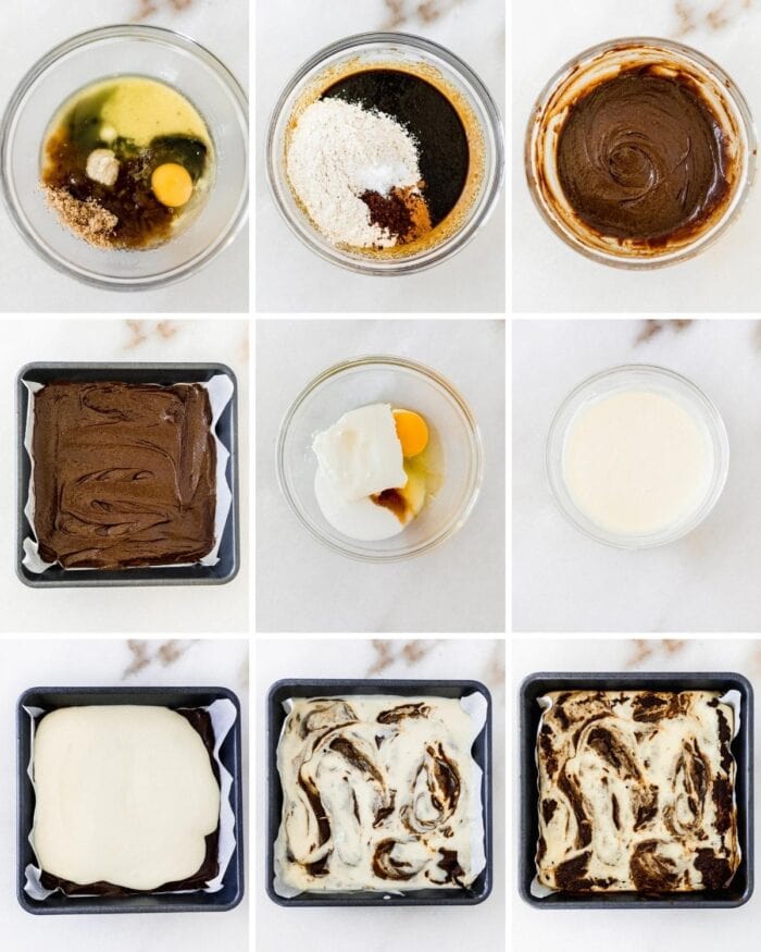 9 image collage showing steps for making gingerbread cheesecake swirl blondies.