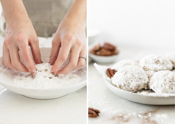 two image collage of hands roll a pecan snowball cookie in powdered sugar, and the a closeup of the finished cookies on a plate.