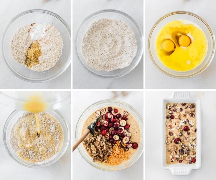 six image collage showing steps for making cranberry orange oatmeal bread.