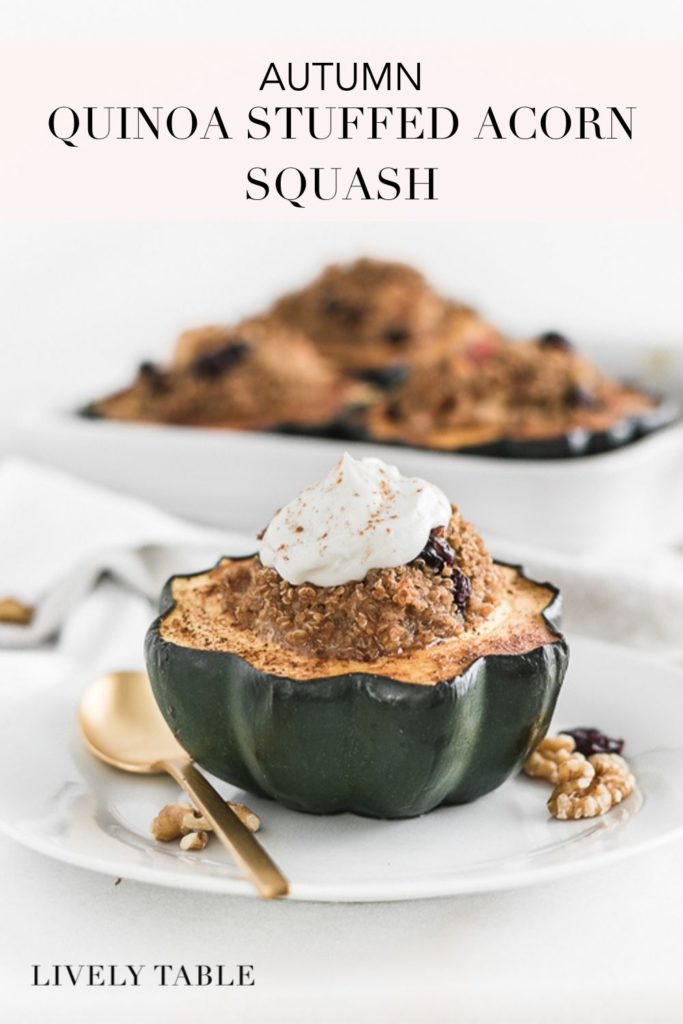 pinterest image for autumn quinoa stuffed acorn squash
