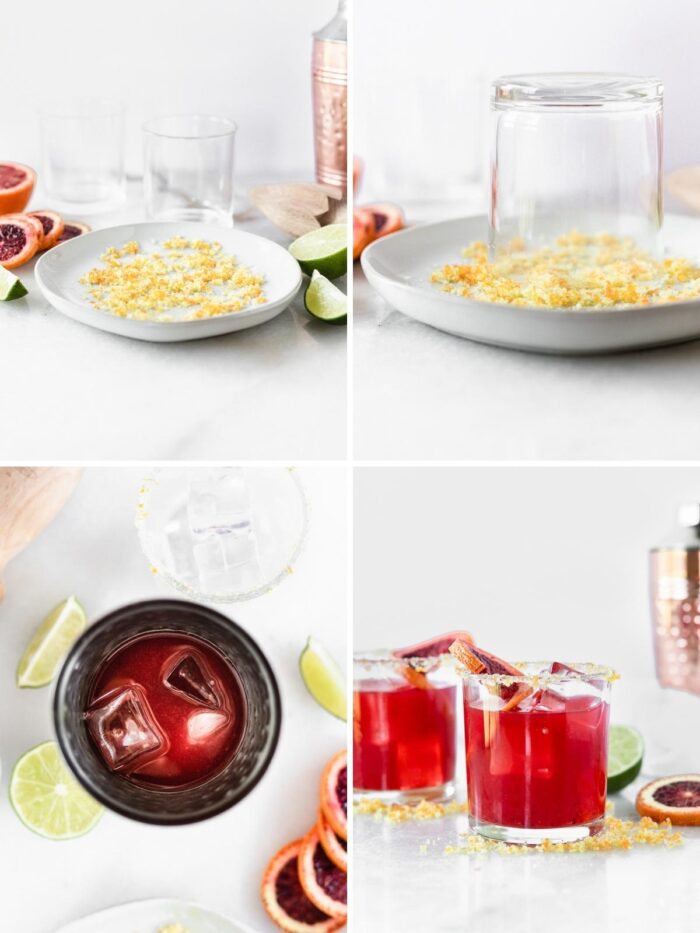four image collage showing steps for making blood orange margaritas.