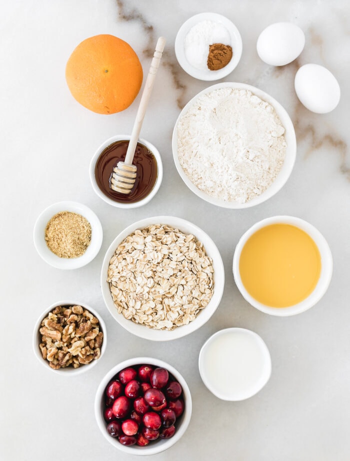 overhead view of ingredients needed to make healthy cranberry orange oatmeal bread.