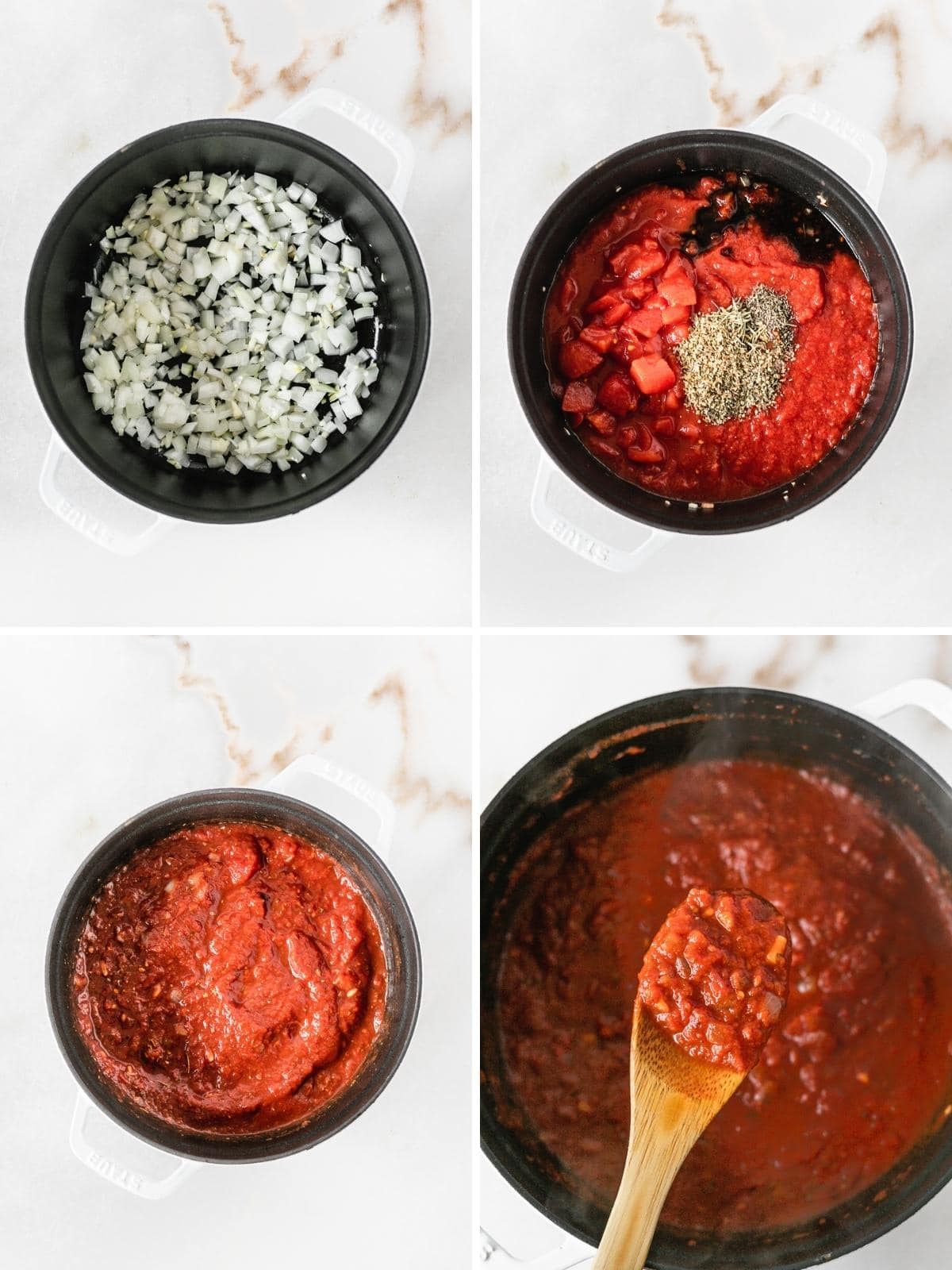 four image collage showing steps for making easy weeknight spaghetti sauce in a white pot.