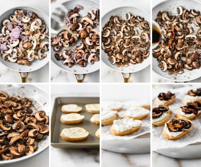 8 image collage of steps for making mushroom ricotta crostini.