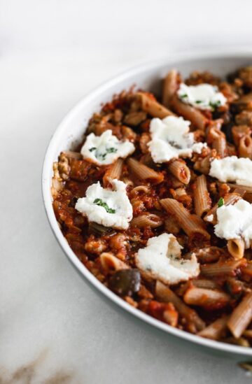Easy Eggplant and Italian Sausage Skillet Baked Ziti - Lively Table