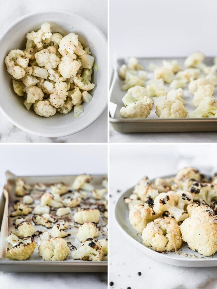4 image collage showing steps for making tahini roasted cauliflower.