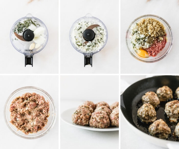 six image collage showing steps for making gluten free italian beef quinoa meatballs.