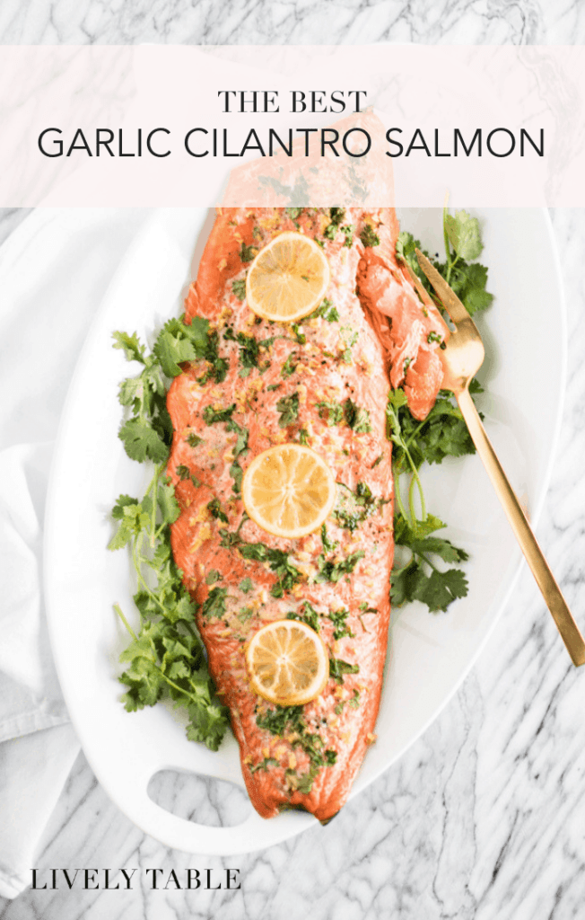 Garlic Cilantro Salmon is a delicious and easy salmon that makes a great healthy weeknight dinner with only 5 simple ingredients! (#glutenfree, #dairyfree option) #salmon #seafood #healthy #fish #weeknightdinner #easy
