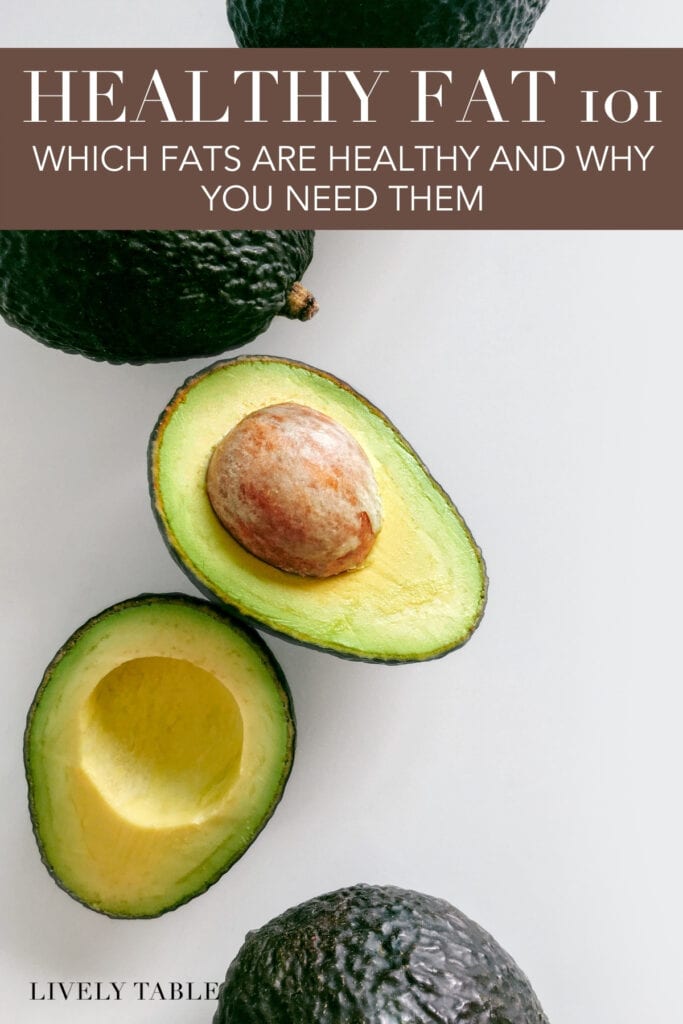 whole and halved avocados on a white background with text overlay.