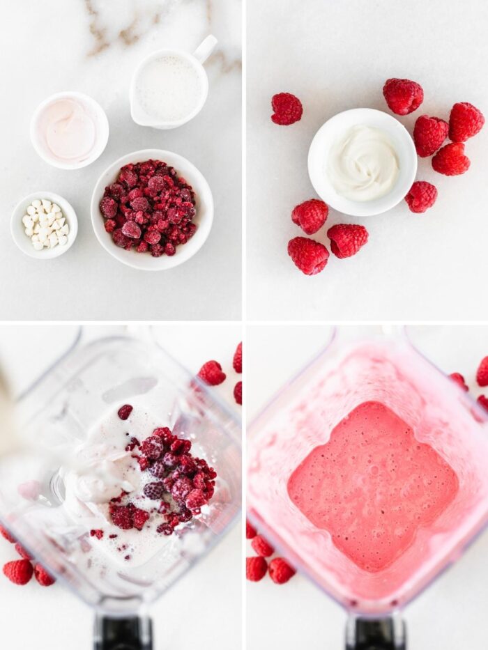 4 image collage showing ingredients and steps for making white chocolate raspberry smoothie.