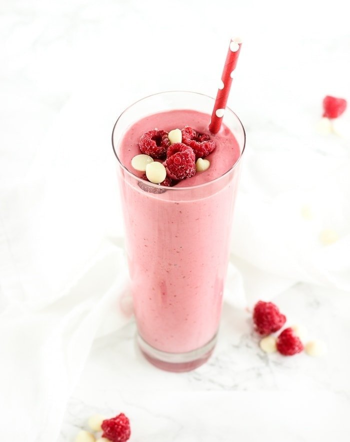 A healthy white chocolate raspberry Valentine's smoothie is the perfect sweet treat for Valentine's Day breakfast!