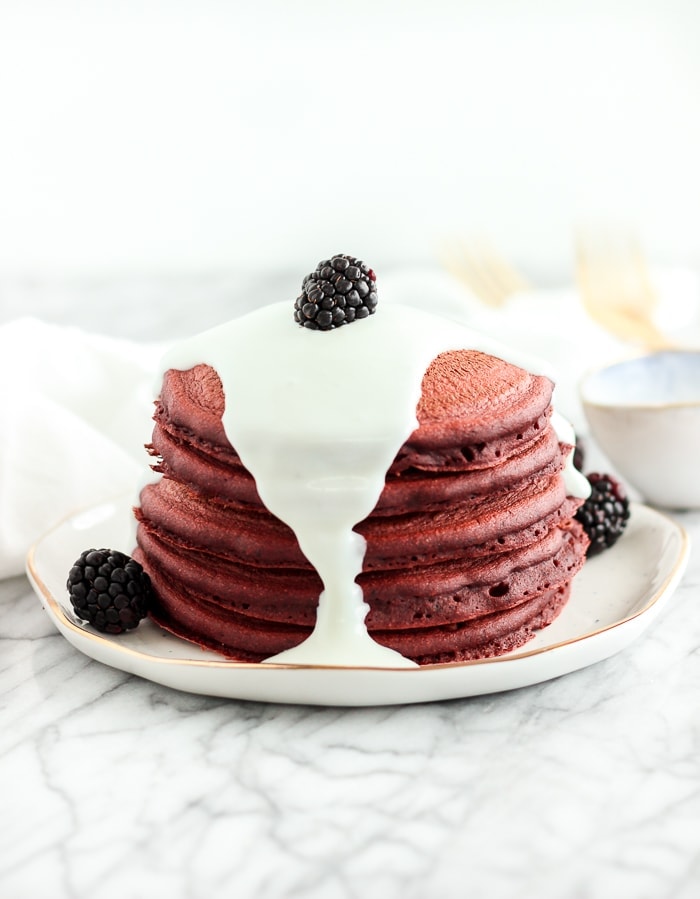 healthy red velvet pancakes with cream cheese glaze