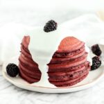 healthy red velvet pancakes with cream cheese glaze