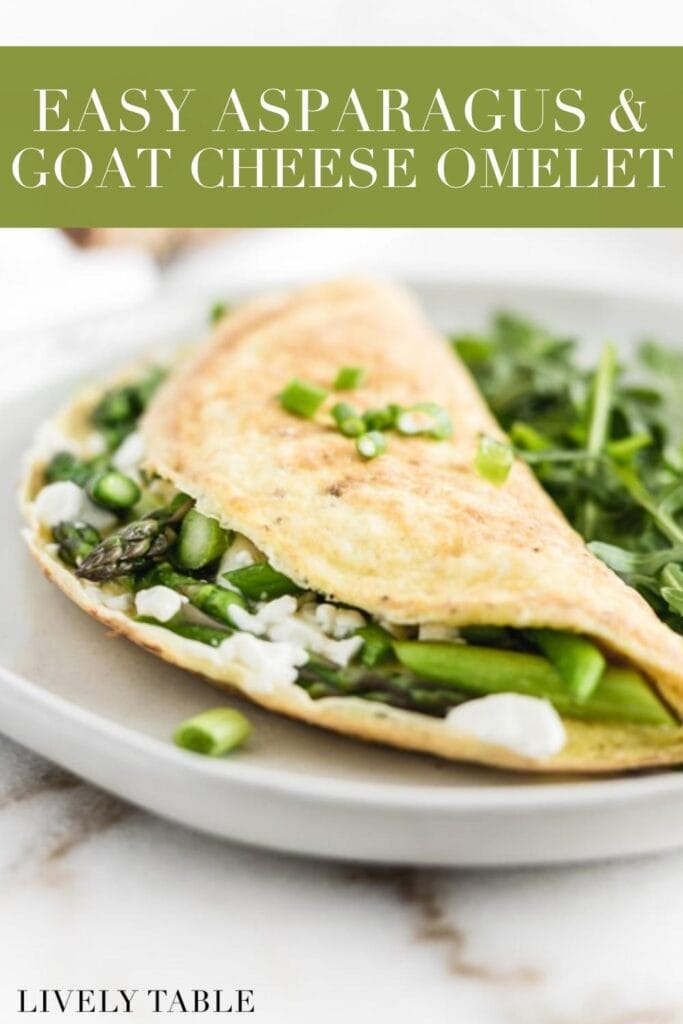 asparagus omelet with goat cheese on a white plate with text overlay.