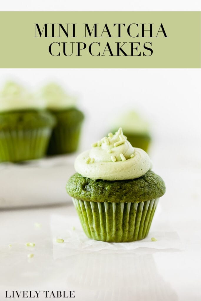 mini matcha cupcake topped with matcha honey frosting with more mini cupcakes in the background, with text overlay.