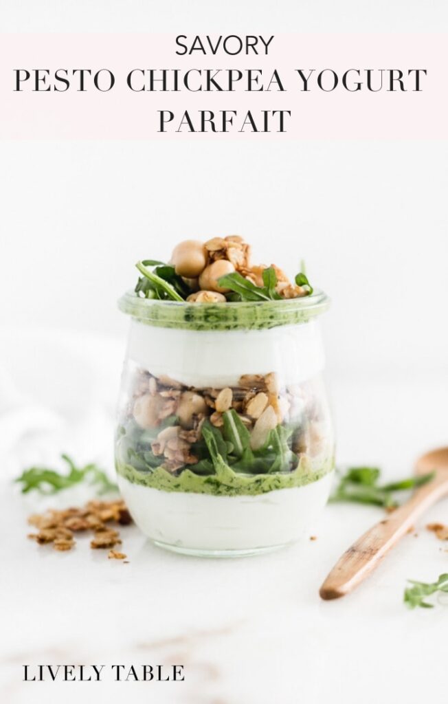 A healthy and delicious savory pesto chickpea yogurt parfait packs 17 grams of filling protein for a lower sugar afternoon snack!  #glutenfree #vegetarian #parfait #healthysnack #savorysnack #savoryparfait
