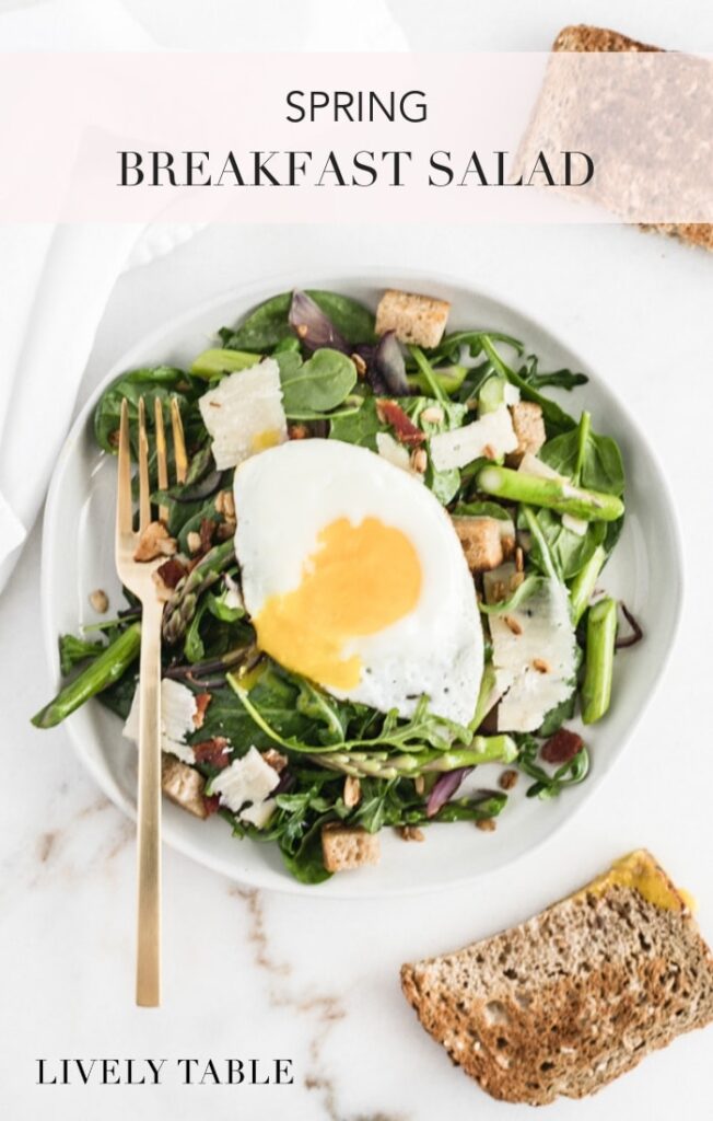 Get half a day's worth of veggies first thing in the morning with a healthy and delicious spring breakfast salad topped with a maple vinaigrette and a runny poached egg! #breakfastsalad #easybreakfast #healthybreakfast #saladforbreakfast #brunchrecipes