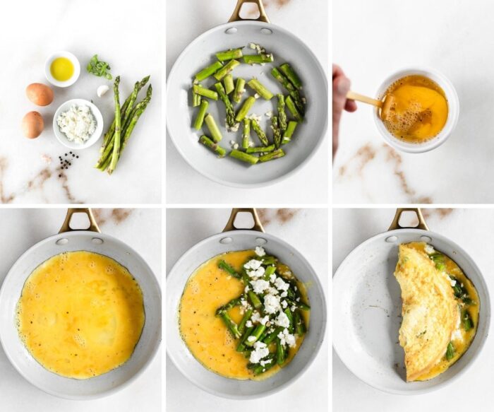 6 image collage showing ingredients and steps for making goat cheese asparagus omelet.