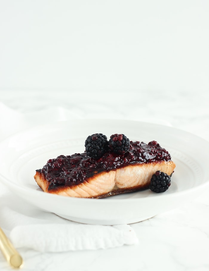 This easy blackberry glazed salmon is a quick and delicious way to get in more heart-healthy omega-3s and antioxidants. Made with only 6 ingredients and in 15 minutes, you can get a healthy dinner on the table quickly! (gluten-free, dairy-free, nut-free)