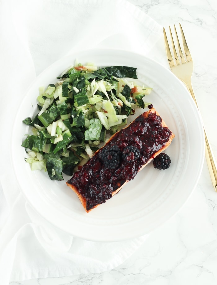 This easy blackberry glazed salmon is a quick and delicious way to get in more heart-healthy omega-3s and antioxidants. Made with only 6 ingredients and in 15 minutes, you can get a healthy dinner on the table quickly! (gluten-free, dairy-free, nut-free)