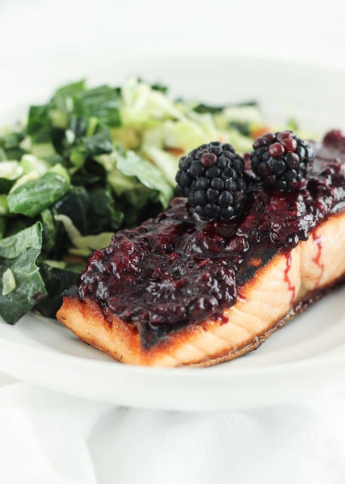 This easy blackberry glazed salmon is a quick and delicious way to get in more heart-healthy omega-3s and antioxidants. Made with only 6 ingredients and in 15 minutes, you can get a healthy dinner on the table quickly! (gluten-free, dairy-free, nut-free)