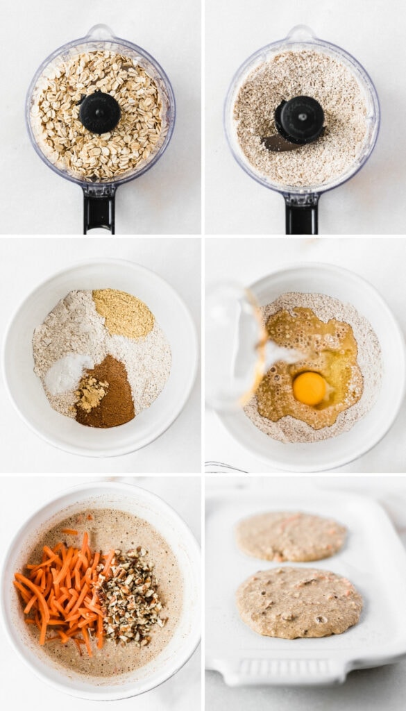 six image collage showing steps for making healthy carrot cake pancakes.