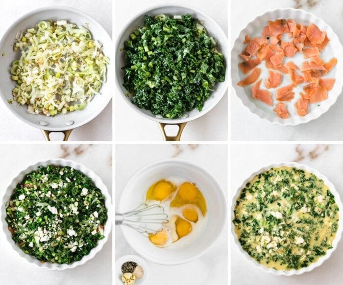 6 image collage showing steps for making smoked salmon kale frittata.
