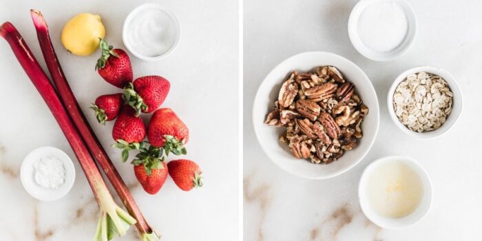 two images of the ingredients needed to make strawberry rhubarb tartlet filling and gluten free pecan crust.