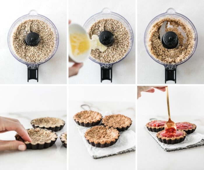 6 image collage showing steps for making and filling gluten-free pecan tartlet shells.
